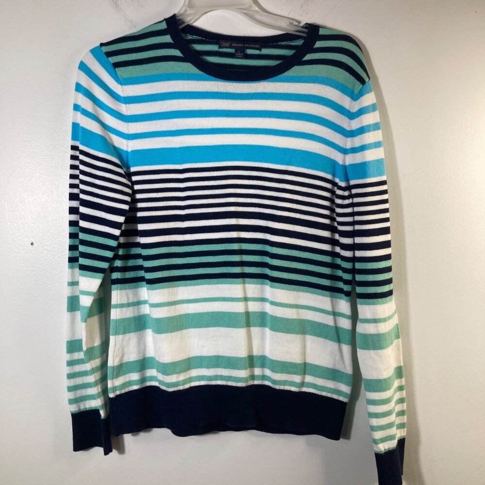 Womens 346 Brooks‎ Brothers Striped Cotton Sweater Blue White Green L